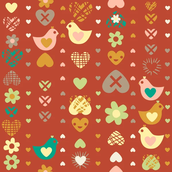 Heart bird flower seamless pattern on dark background. — Stock Vector