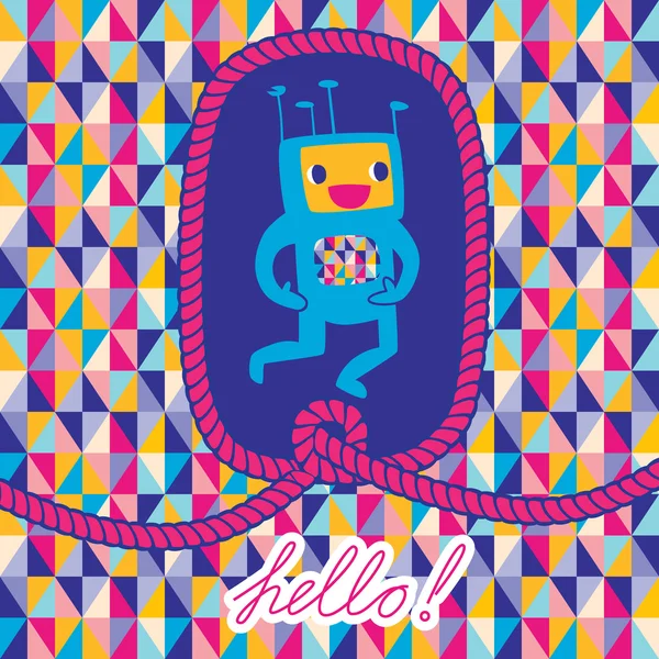 Cartão de saudação "Olá" com quadro de robô e corda . — Vetor de Stock