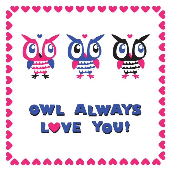 Owls cartoon greeting card. Love. — Stock Vector