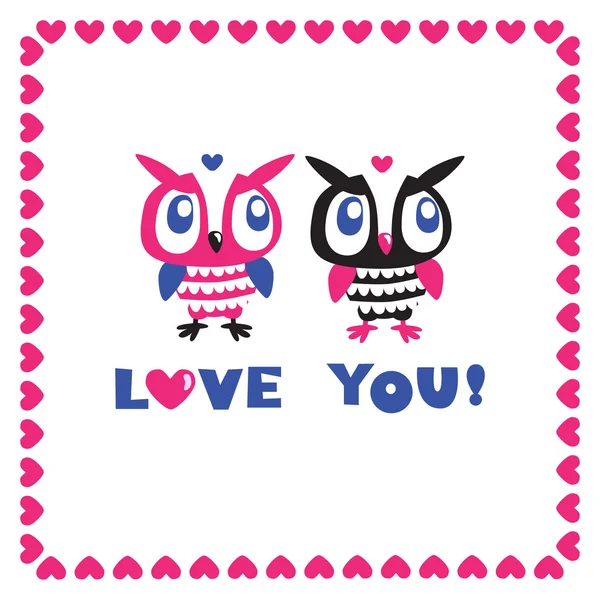 Owls cartoon greeting card. Love. — Stock Vector