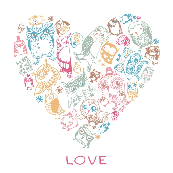 Heart love pattern with Owls. — Stock Vector