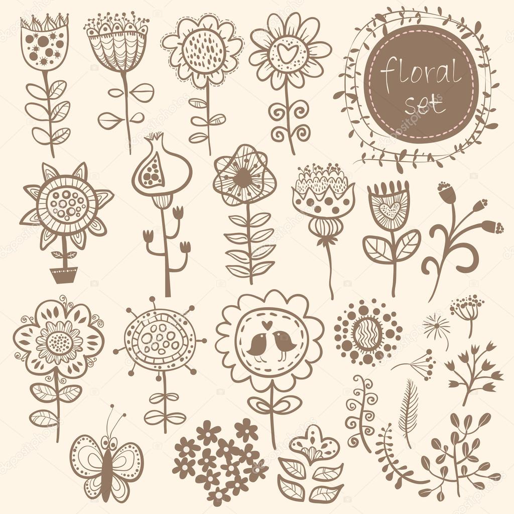 Flowers. Hand Drawn floral elements with birds and butterfly.