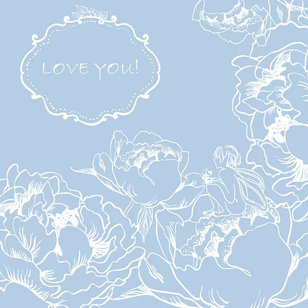 Cartão de saudação do amor com flores e pequena fada bonito . —  Vetores de Stock