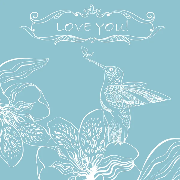 Love Greeting Card with Bird and Flowers. — Stock Vector