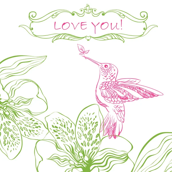 Love Greeting Card with Bird and Flowers. — Stock Vector