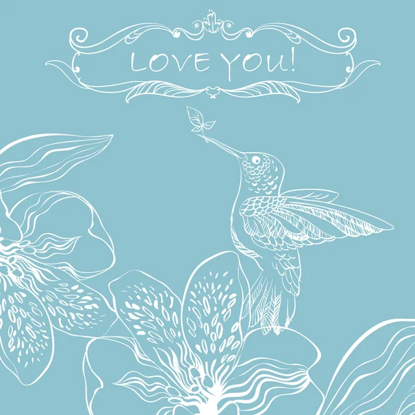 Liebe Grußkarte mit Vogel und Blumen. — Stockvektor