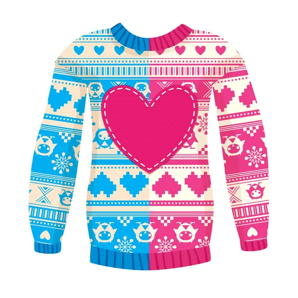 Illustration of warm sweater with owls and hearts. — Stock Vector