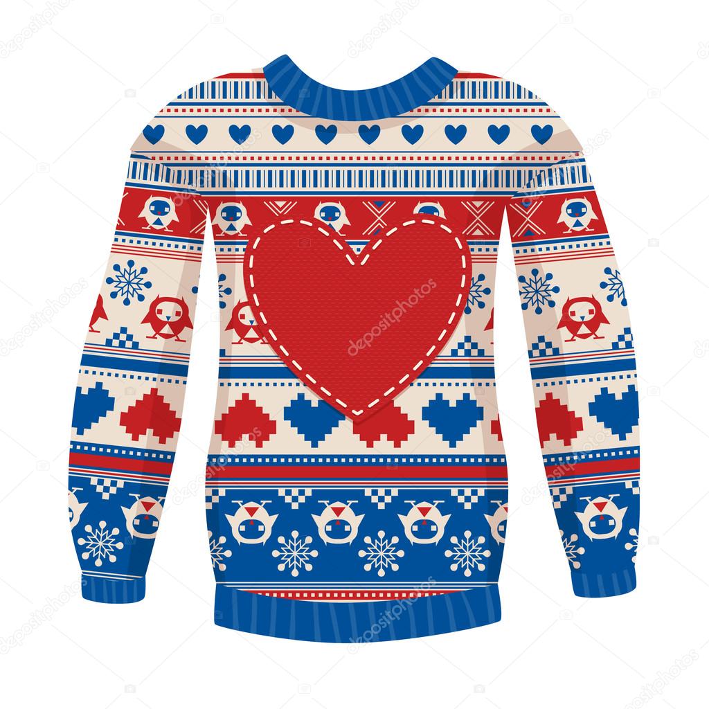 Illustration of warm sweater with owls and hearts.