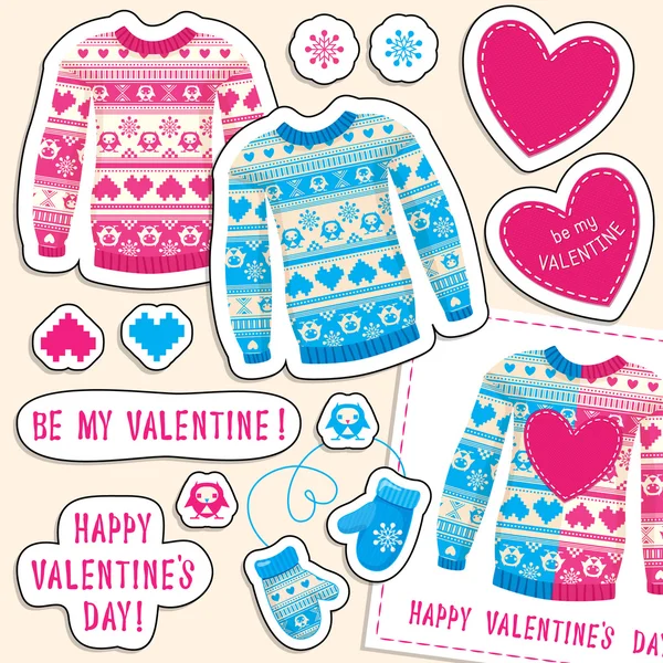 Set of winter love stickers with owl and heart. — Stock Vector