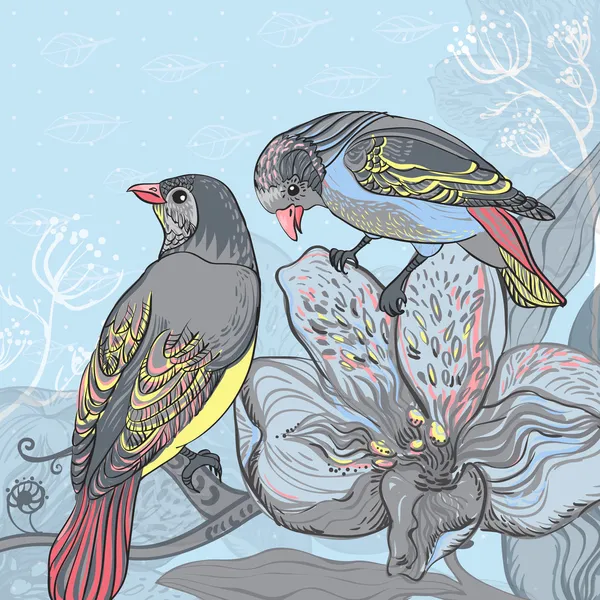 kuş ve çiçek açan çiçekler. vektör çizim kart.