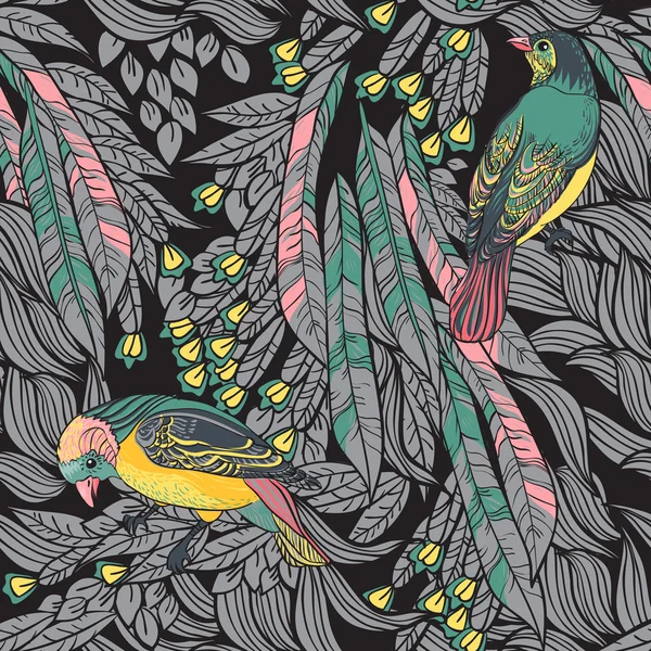 Birds with feathers and flowers. Seamless Background.