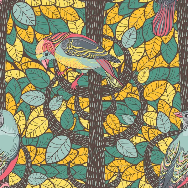 Aves en el bosque de otoño. Fondo sin costuras . — Vector de stock