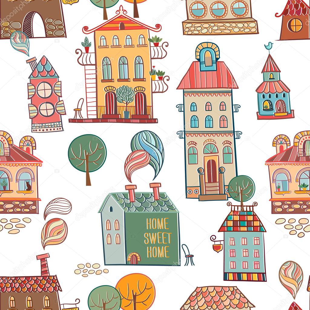 Seamless hand drawn buildings in vintage style.