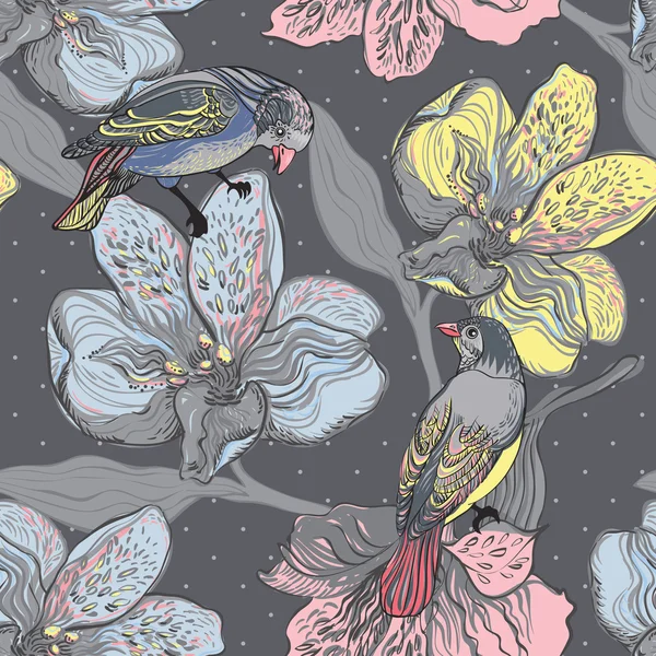 Uccelli e piante in fiore . — Vettoriale Stock