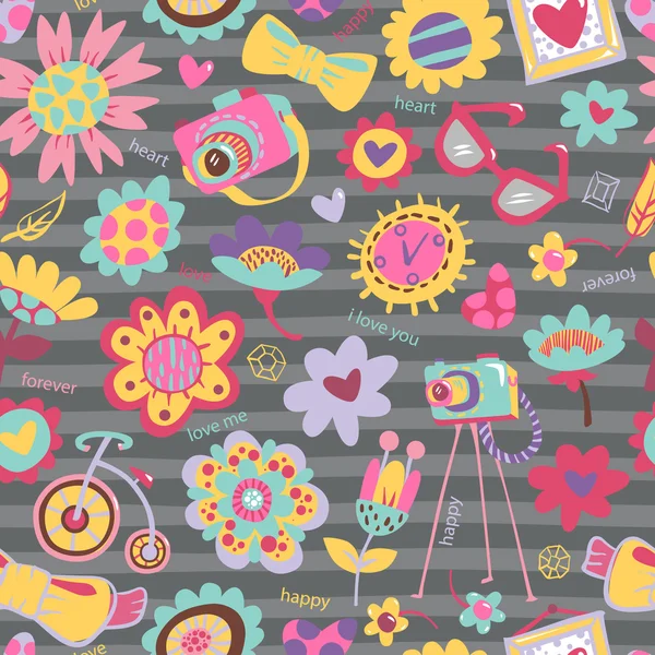 Flower seamless pattern with fashionable things — Stok Vektör