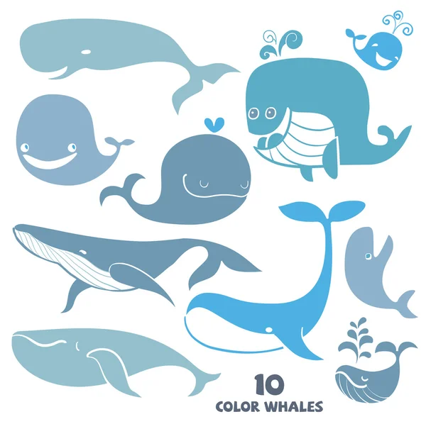 Ensemble de personnages de dessins animés mignons baleine. Illustrtra vectoriel dessiné à la main — Image vectorielle