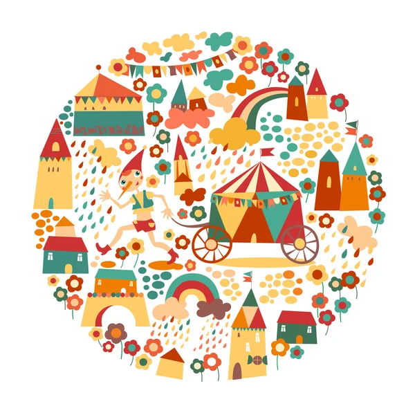 Childrens circle background with happy houses and the fairytale — Stock Vector