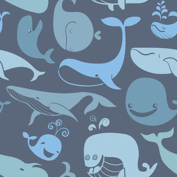 Mignon dessin animé Baleines bleues. Fond marin sans couture. Versi foncé — Image vectorielle