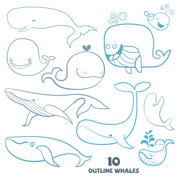 Set of cute doodle Whale Characters. Hand drawn vector illustrat — Stock Vector