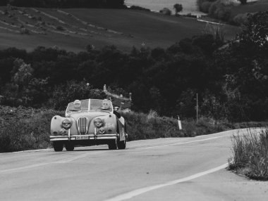 CAGLI, ITALY - OTT 24 - 2020: JAGUAR XK 140 OTS SE 1954 Mille Miglia 2020 rallisinde eski bir yarış arabası üzerinde ünlü İtalyan tarihi yarışı (1927-1957)