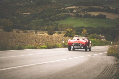CAGLI, ITALY - OTT 24 - 2020: arnolt bolide 1954 Mille Miglia 2020 rallisinde eski bir yarış arabası üzerinde ünlü İtalyan tarihi yarışı (1927-1957)