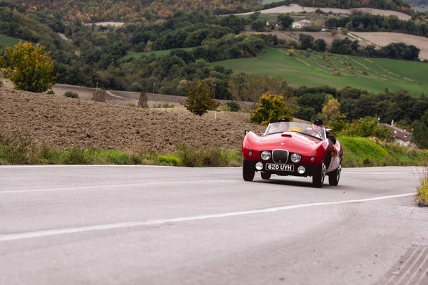 CAGLI, ITALY - OTT 24 - 2020: arnolt bolide 1954 Mille Miglia 2020 rallisinde eski bir yarış arabası üzerinde ünlü İtalyan tarihi yarışı (1927-1957)