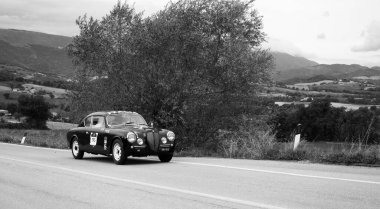 CAGLI, İtalya - OTT 24 - 2020: LANCIA AURELIA B20 Mille Miglia 2020 rallisinde eski bir yarış arabası üzerinde G20 GT Ünlü İtalyan tarihi yarışı (1927-1957)
