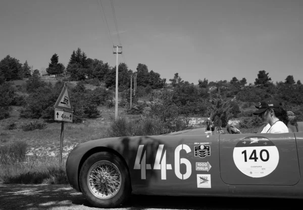 URBINO, İtalya - 16 Haziran 2022: CISITALIA 202 S MM Örümcek 1947 Mille Miglia 2022 rallisinde eski bir yarış arabası üzerinde ünlü İtalyan tarihi yarışı (1927-1957))