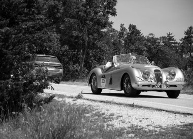 URBINO, İtalya - 16 Haziran 2022: JAGUAR XK120 OTS YOADSTER 1951 Mille Miglia 2022 rallisinde eski bir yarış arabası üzerine ünlü İtalyan tarihi yarışı (1927-1957)