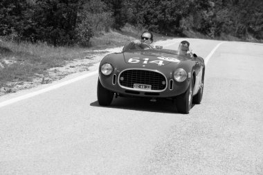 URBINO - ITALY - JUN 16 - 2022 : FERRARI 340 AMERICA SPIDER VIGNALE 1952 on an old racing car in rally Mille Miglia 2022 the famous italian historical race (1927-1957