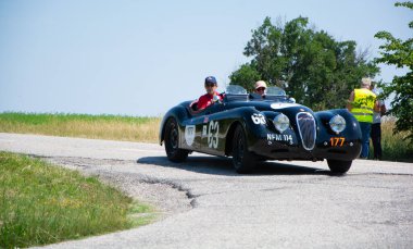 URBINO - ITALY - JUN 16 - 2022 : JAGUAR XK120 OTS ROADSTER 1950 on an old racing car in rally Mille Miglia 2022 the famous italian historical race (1927-1957