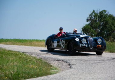 URBINO - ITALY - JUN 16 - 2022 : JAGUAR XK120 OTS ROADSTER 1950 on an old racing car in rally Mille Miglia 2022 the famous italian historical race (1927-1957