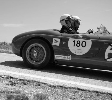 URBINO - İtalya - 16 Haziran 2022: GILCO FIAT 1100 BARCHETTA FONTANA 1950 Mille Miglia 2022 rallisinde eski bir yarış arabası üzerinde ünlü İtalyan tarihi yarışı (1927-1957)