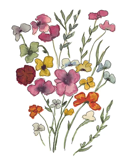 Flores roxas botânica pansies ilustração flores silvestres buquê — Fotografia de Stock