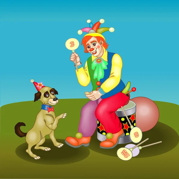 Clown con cane-matematico — Vettoriale Stock
