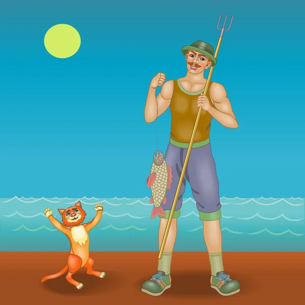 Lucky fisherman and his cat — Stock Vector