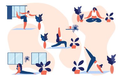 Yoga duruşu ve meditasyon yapan og kızları. Ruhsal ve fiziksel pratikler. Aerobik egzersizi ve sabah meditasyon vektörü çizimi.