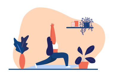 Yoga yapan ve meditasyon yapan bir kız. Ruhsal ve fiziksel pratikler. Aerobik egzersizi ve sabah meditasyon vektörü çizimi.