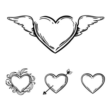 El yapımı kalp seti. Beyaz arka planda izole edilmiş kabataslak işaretli kalp. Grafik tasarımınız için vektör illüstrasyonu.