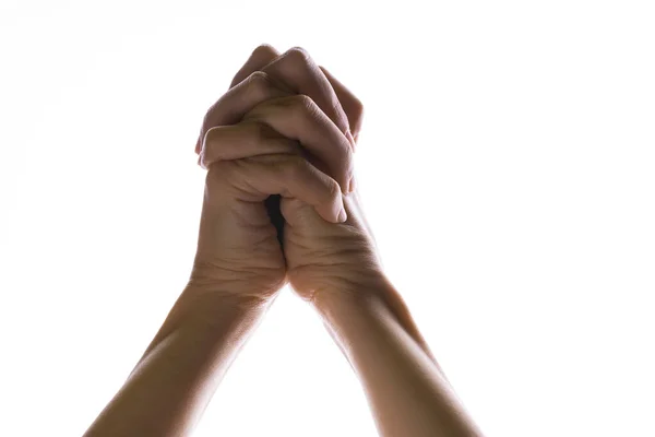 Rezando mãos cruzadas sobre um fundo branco. Luz de cima. Mãos dobradas em oração. — Fotografia de Stock