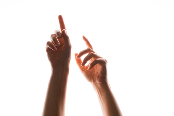 Руки жести. Елегантні жіночі руки вказують вгору, ізольовані на білому , — стокове фото