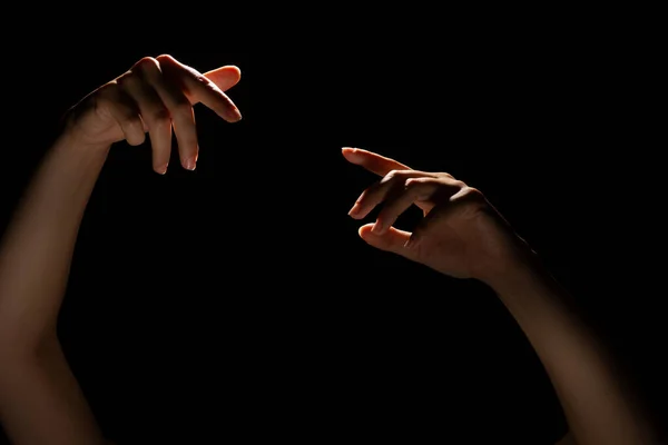 Obie ręce dotykają się palcem, momentem stworzenia, boską koncepcją chwili stworzenia. — Zdjęcie stockowe