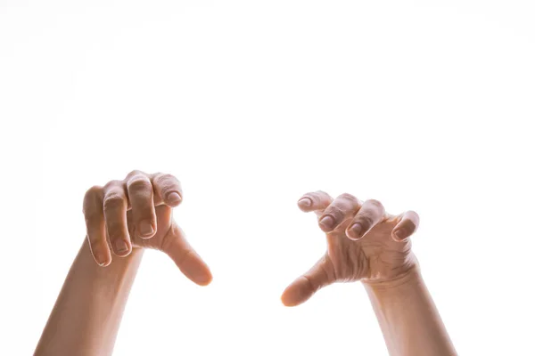 편집을 위한 인형 술사의 손, 위에서 매달려 있는 손, 흰 배경에 고립되어 있는 손 스톡 이미지