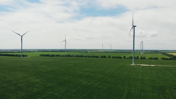 Aerial Video Wind Turbine Blue Sky Grass Field — Stock Video