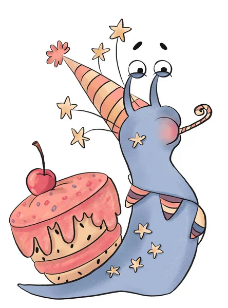 Party Snail Birthday Hat Cake Cherry Top — Fotografia de Stock