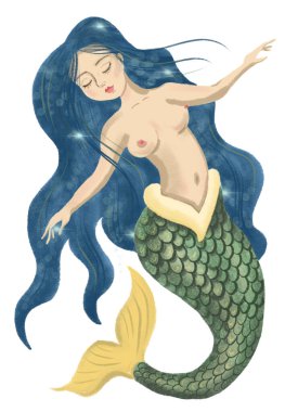 Romantic mermaid with long wavy blue hair