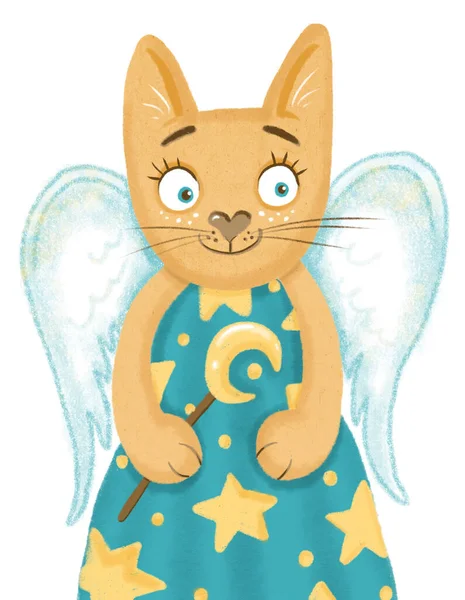 Ginger Cat Angel Wings Starry Dress Holding Moon — Stockfoto