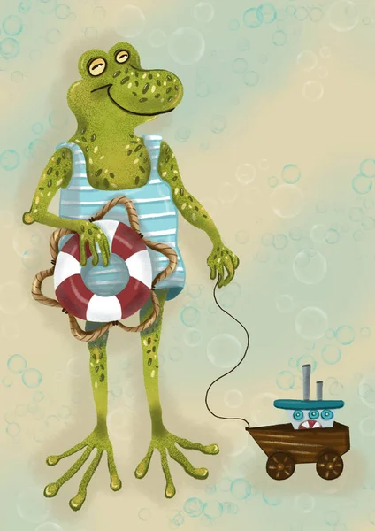 Smiling frog in a striped swimsuit holding a life ring and tugging a toyboat