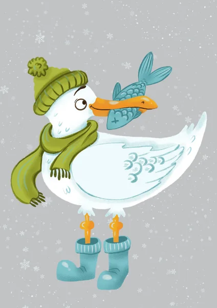 Seagull in winter outfit a green hat and a scarf, in blue boots with a fish in its beak