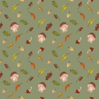 Mantar, böğürtlen, yaprak ve meşe palamudu sonbahar deseni